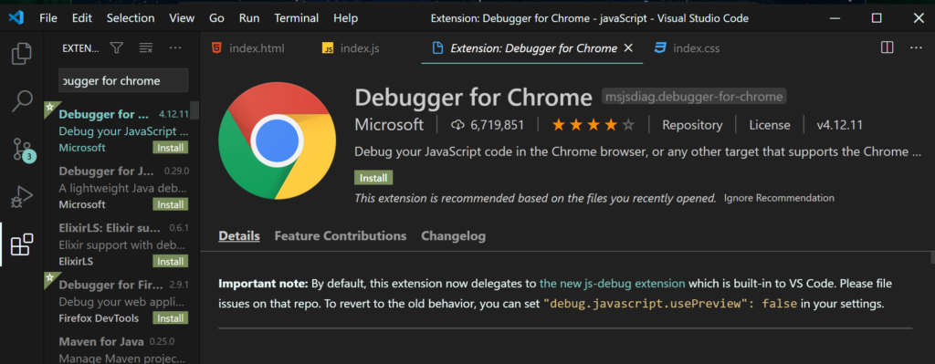 O próprio nome já entrega o que faz esta extensão, basicamente, o Debugger for Chrome é uma extensão Visual Studio Code que serve para debugar JavaScript de forma simples e rápida no Chrome ao marcar breakpoints diretamente dentro do editor.