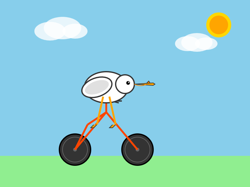 Bicycle has a red upside down Y shaped frame, pelican is a bit dumpy, it does at least have a long sharp beak.