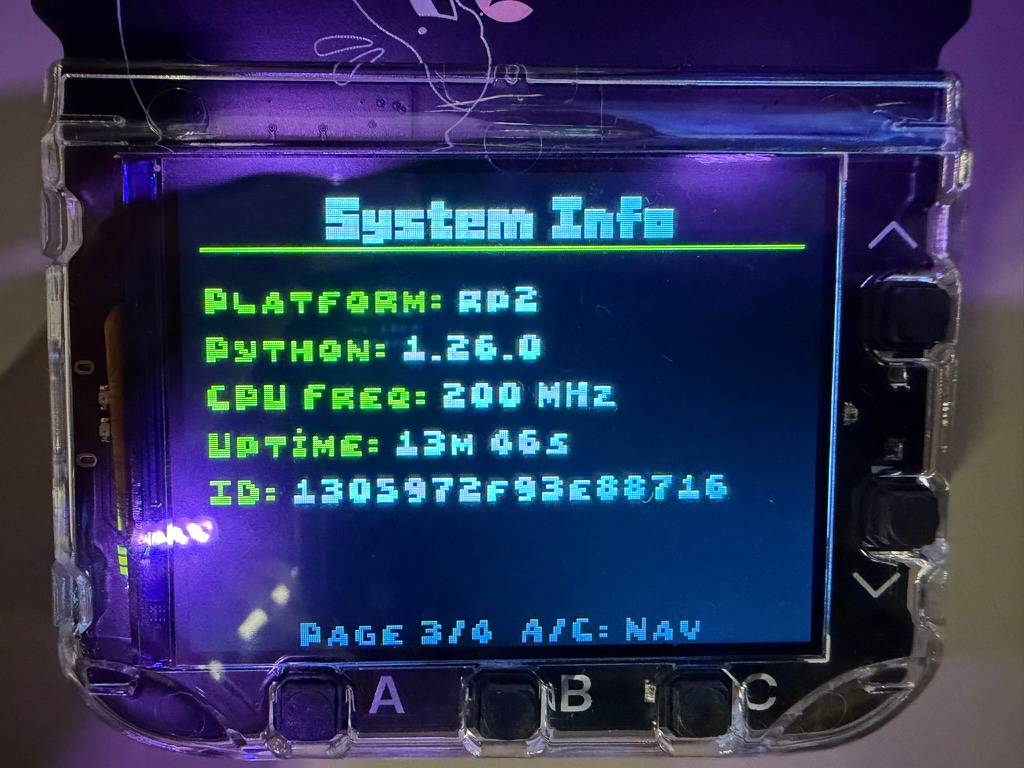 System: Platform rp2, Python 1.26.0, CPU freq 200MHz, Uptime 13m46s