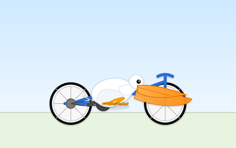 Biycle is good though obscured by the pelican. Pelican has an impressive triple beak and is stretched along the bicycle frame. Not clear if it can pedal or what it is sitting on.