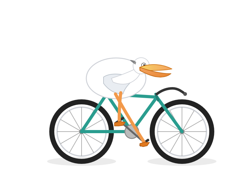 The bicycle is really good, spokes on wheels, correct shape frame, nice pedals. The pelican has a pelican beak and long legs stretching to the pedals.